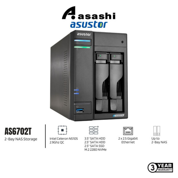 ASUSTOR AS6702T 2-Bay NAS Storage (Intel Celeron N5105 2.9Ghz QC, 4GB DDR4, 2 x 2.5GbE)