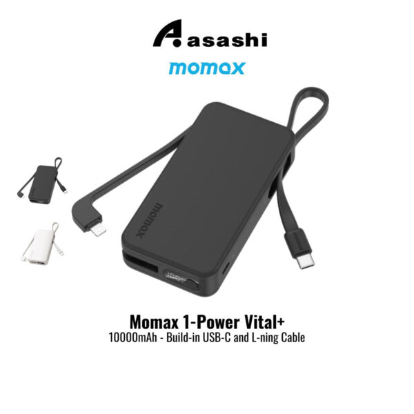 Momax 1-Power Vital+ 10000mAh Battery Pack with Dual Build-in USB-C and Lightning Cable - Black/ White