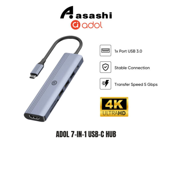 ADOL 7-in-1 USB-C Hub - 4K HDMI, SD/TF, USB 3.0 x1, USB 2.0 x2, PD 100W, Aluminum Alloy