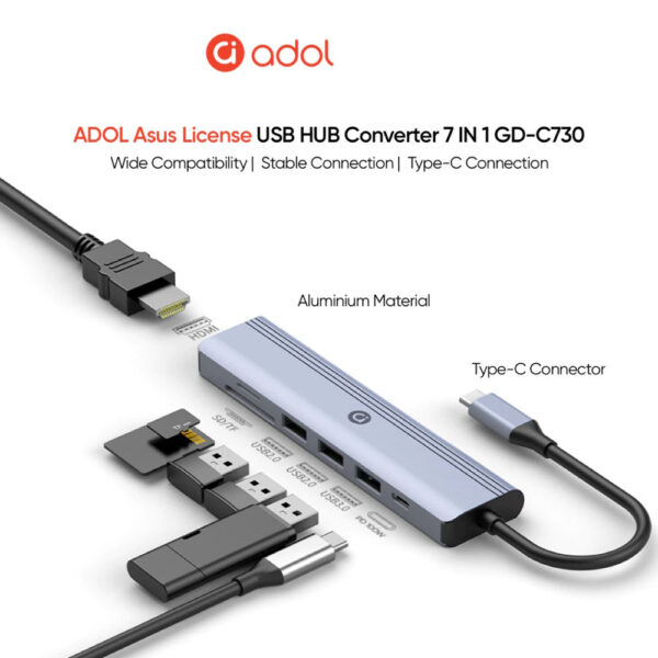 ADOL 7-in-1 USB-C Hub - 4K HDMI, SD/TF, USB 3.0 x1, USB 2.0 x2, PD 100W, Aluminum Alloy