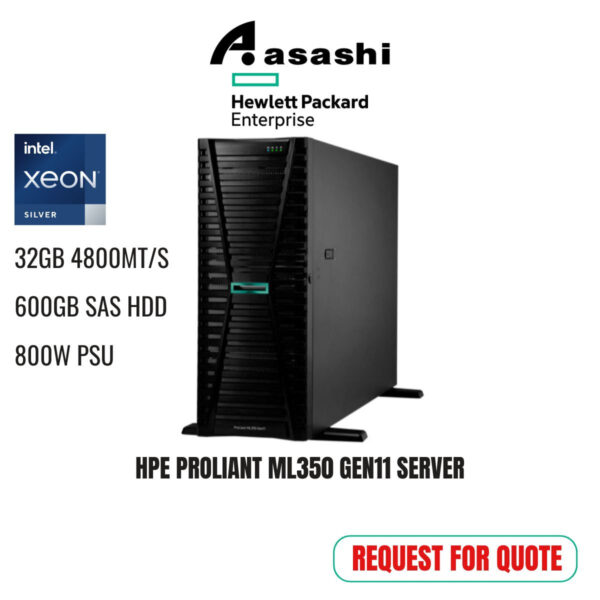 HPE Proliant ML350 Gen11 Server P53566-371 (Xeon Silver 4410Y, 12C, 30MB Cache /32GB 4800MT/s /600GB SAS HDD/ Broadcom BCM5719 1GB 4-port /800W PSU/3 yr Tech Care)