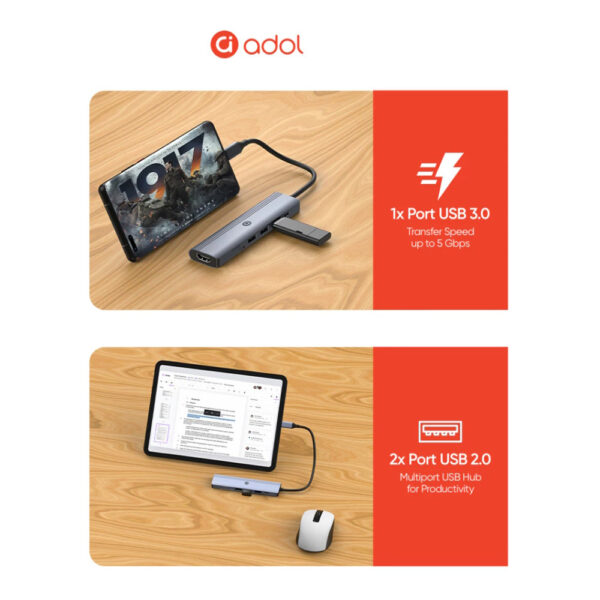 ADOL 7-in-1 USB-C Hub - 4K HDMI, SD/TF, USB 3.0 x1, USB 2.0 x2, PD 100W, Aluminum Alloy