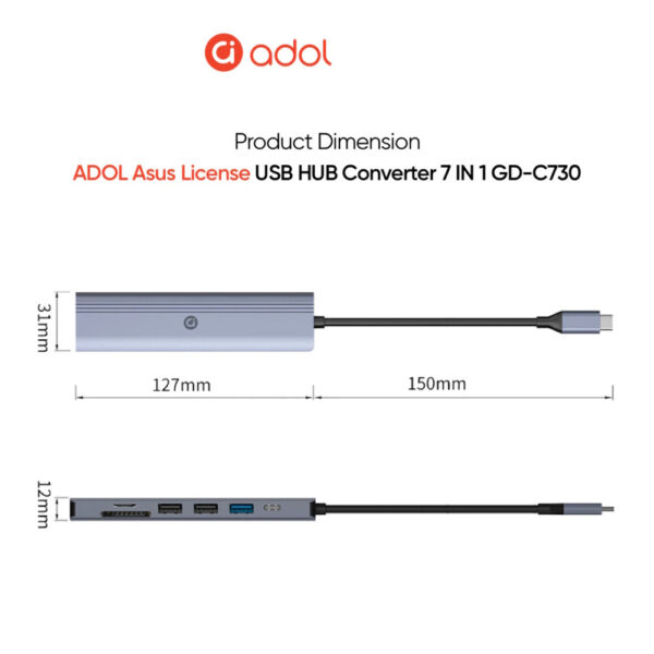 ADOL 7-in-1 USB-C Hub - 4K HDMI, SD/TF, USB 3.0 x1, USB 2.0 x2, PD 100W, Aluminum Alloy