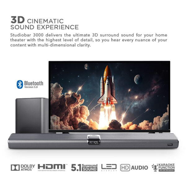 SonicGear StudioBar 3000 Dolby Atmos 5.1.2 Channel Soundbar with Wireless Subwoofer 2 UHF Microphone
