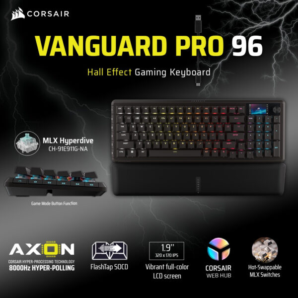CORSAIR VANGUARD PRO 96 Magnetic Switch Gaming Keyboard, MGX Hyperdrive, Black