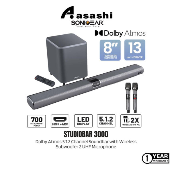 SonicGear StudioBar 3000 Dolby Atmos 5.1.2 Channel Soundbar with Wireless Subwoofer 2 UHF Microphone