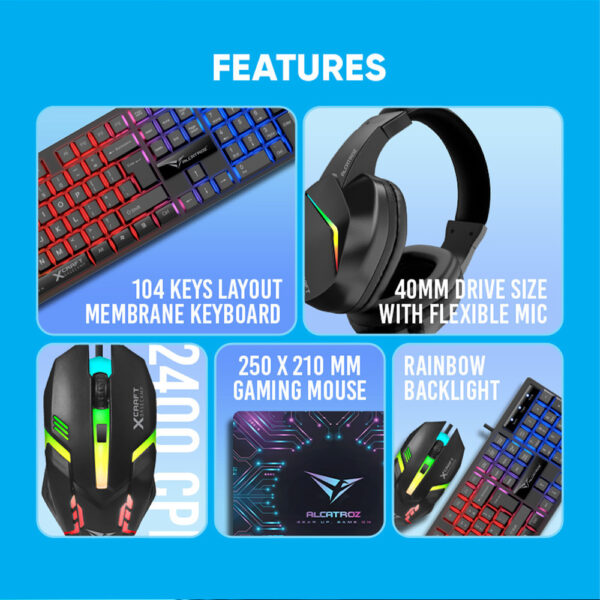 Alcatroz X-Craft Basecamp Wired 4-in-1 Combo 104 Keyboard/Gaming Mouse/Headset/Mousepad