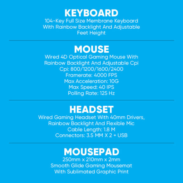 Alcatroz X-Craft Basecamp Wired 4-in-1 Combo 104 Keyboard/Gaming Mouse/Headset/Mousepad