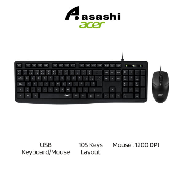 ACER EAK040 Wired Keyboard & Mouse Kit – English Version, Silent 3M Keypress, Anti-Skid Design, 1200 DPI, Durable UV Keycap Black / White