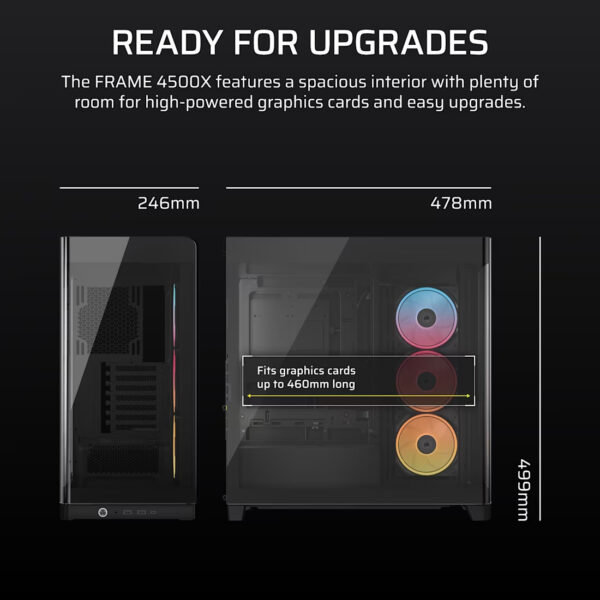 047efcbe00e099fb5fe381588b9f754f.jpeg CORSAIR FRAME 4500X LX-R RGB LINK (Black/White) Panoramic Glass Mid-Tower PC Case (LX120R x3)