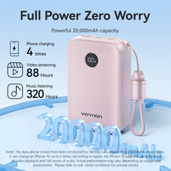 (3C Certified) Vention Velo 10000mAh 22.5W Power Bank with Built-in Detachable USB-C Cable