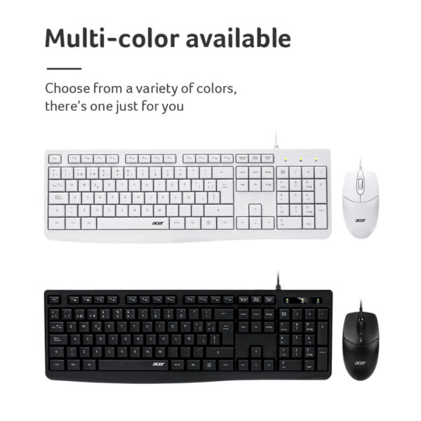 ACER EAK040 Wired Keyboard & Mouse Kit – English Version, Silent 3M Keypress, Anti-Skid Design, 1200 DPI, Durable UV Keycap Black / White