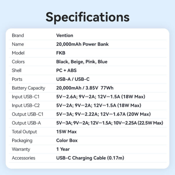 (3C Certified) Vention Velo 10000mAh 22.5W Power Bank with Built-in Detachable USB-C Cable