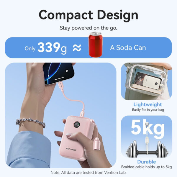 (3C Certified) Vention Velo 10000mAh 22.5W Power Bank with Built-in Detachable USB-C Cable