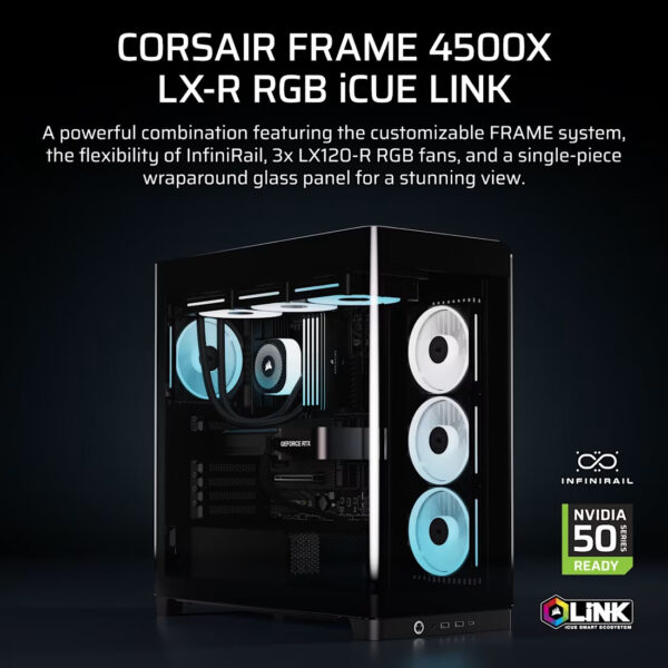7d8b47481a9df7d686e9007834fd53d0.jpeg CORSAIR FRAME 4500X LX-R RGB LINK (Black/White) Panoramic Glass Mid-Tower PC Case (LX120R x3)
