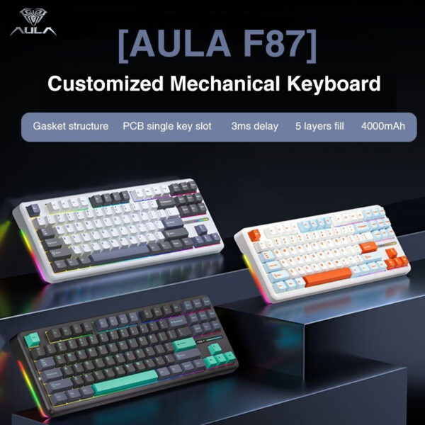 AULA F87 Gasket Mechanical Keyboard 87 Key RGB Tri-Mode Wired Bluetooth 2.4G Gasket Structure Hot-swap Gaming Keyboard