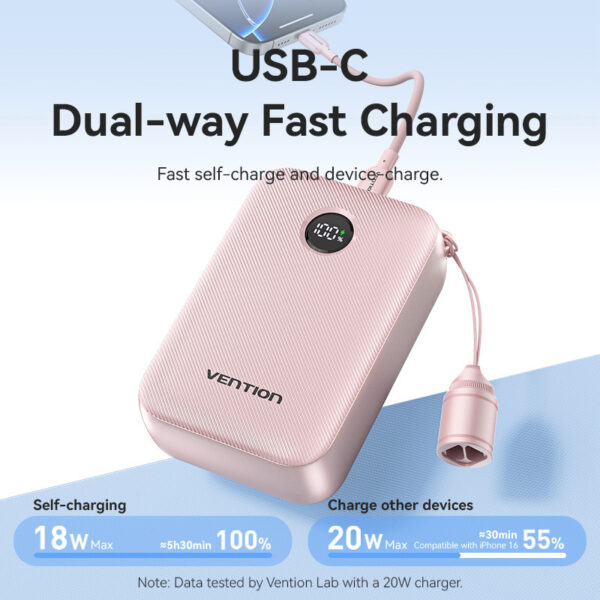 (3C Certified) Vention Velo 10000mAh 22.5W Power Bank with Built-in Detachable USB-C Cable