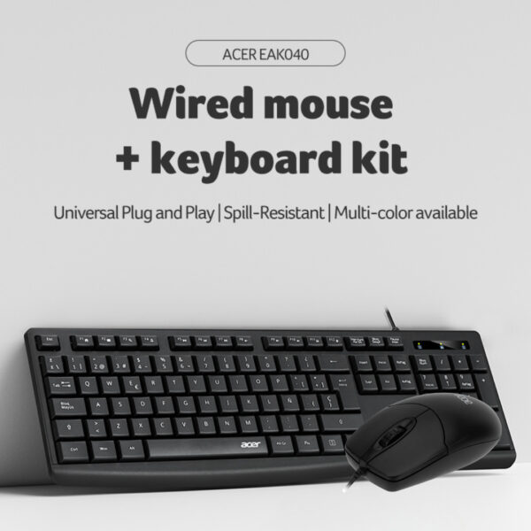 ACER EAK040 Wired Keyboard & Mouse Kit – English Version, Silent 3M Keypress, Anti-Skid Design, 1200 DPI, Durable UV Keycap Black / White