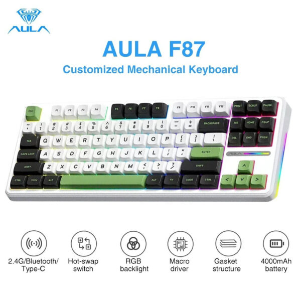 AULA F87 Gasket Mechanical Keyboard 87 Key RGB Tri-Mode Wired Bluetooth 2.4G Gasket Structure Hot-swap Gaming Keyboard