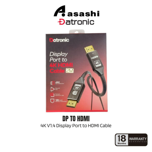 efaf9b8fac288a6bc71e41257a360809.jpeg Datronic DP to HDMI (2M) 4K V1.4 Display Port to HDMI Cable Fabric Braided - 18Months Warranty