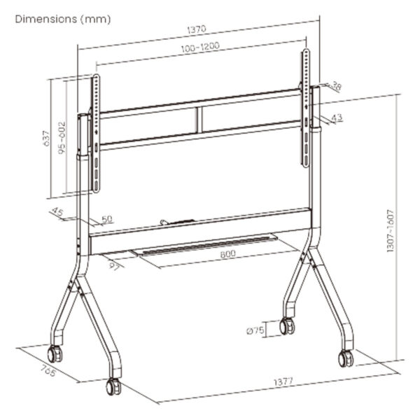 Brateck TTF19H-612FW Slim-Lift Manual Height Adjustable Heavy-Duty TV Cart