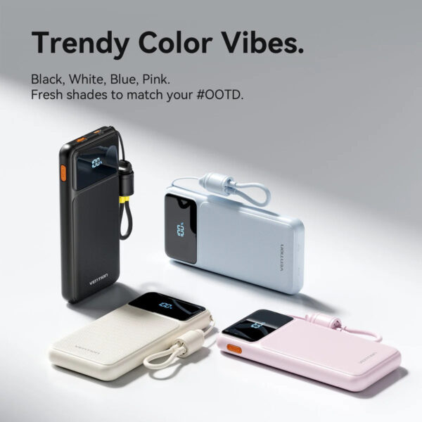 (3C Certified) Vention 10000mAh (Black) Power Bank (USB-C + USB-A) with Built-in Cable 22.5W LED Display Type - 2Y Warranty