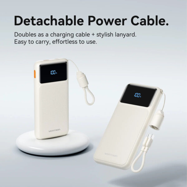 (3C Certified) Vention 10000mAh (Black) Power Bank (USB-C + USB-A) with Built-in Cable 22.5W LED Display Type - 2Y Warranty