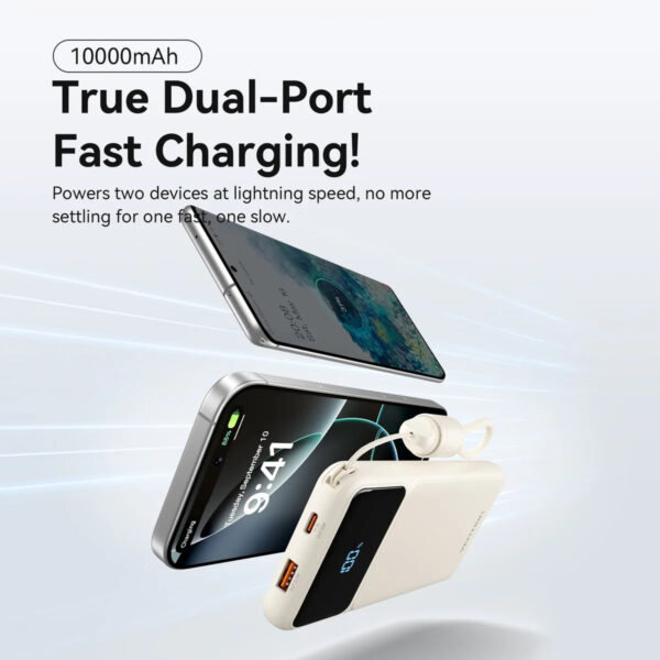 (3C Certified) Vention 10000mAh (Black) Power Bank (USB-C + USB-A) with Built-in Cable 22.5W LED Display Type - 2Y Warranty