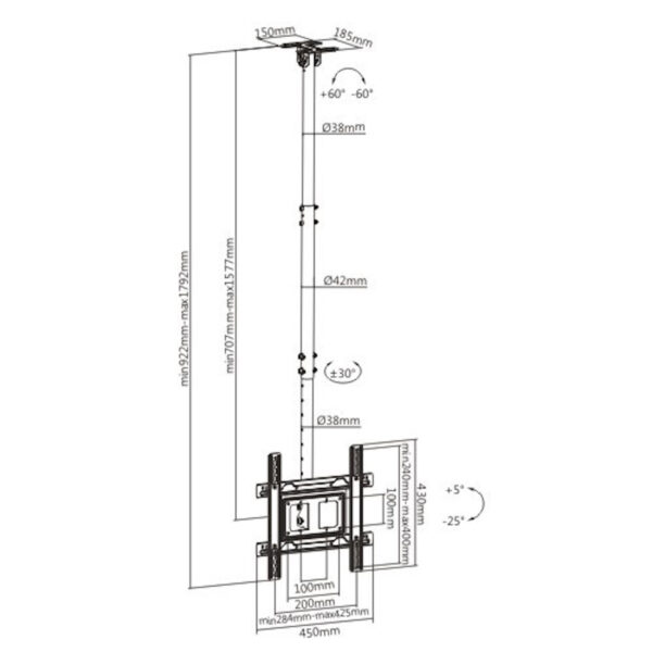 Brateck PLB-CE-1044-01 32"- 70", Profile 707 ~ 1577mm, Tilt +5° ~ -25°, Swivel +30° ~ -30°,Max. 50kg