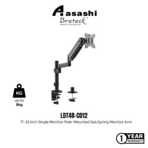 6b093e3320549a9f81919015eb0afbfa.jpeg Brateck LDT48-C012 Single Monitor Pole-Mounted Gas Spring Monitor Arm 17"-32", Max 9kg, Tilt +-35°, Swivel +-90°, Rotation +-180°