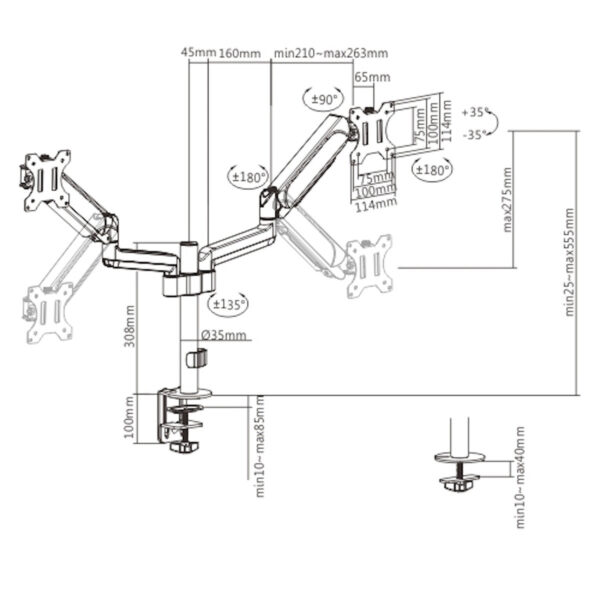 Brateck LDT48-C024 Dual Monitors Pole-Mounted Gas Spring Monitor Arm 17"-32", Max 9kg