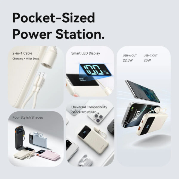 (3C Certified) Vention 10000mAh (Black) Power Bank (USB-C + USB-A) with Built-in Cable 22.5W LED Display Type - 2Y Warranty