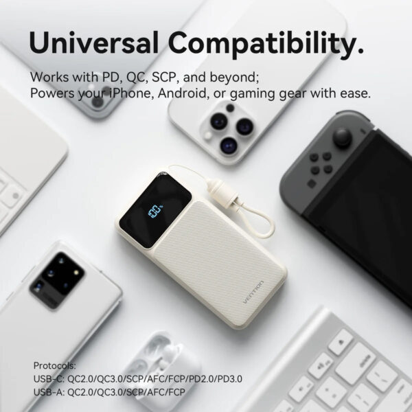 (3C Certified) Vention 10000mAh (Black) Power Bank (USB-C + USB-A) with Built-in Cable 22.5W LED Display Type - 2Y Warranty
