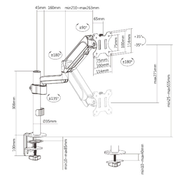 Brateck LDT48-C012 Single Monitor Pole-Mounted Gas Spring Monitor Arm 17"-32", Max 9kg, Tilt +-35°, Swivel +-90°, Rotation +-180°