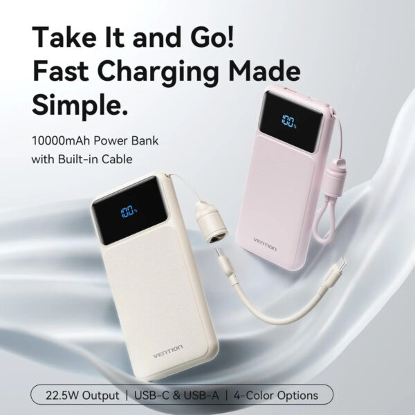 (3C Certified) Vention 10000mAh (Black) Power Bank (USB-C + USB-A) with Built-in Cable 22.5W LED Display Type - 2Y Warranty