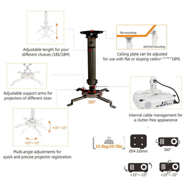 Brateck PRB-18M Universal Ceiling Projector Bracket, Tilt + - 15°, Swivel 360°