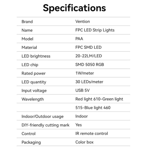 Vention RGB FPC LED Strip Lights with IR remote and USB 5V Power Supply White Reel
