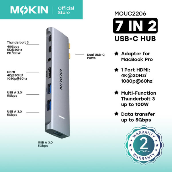 MOKIN MOMUC2206 7 in 2 M*cBo-0k USB-C to HDMI +Thunderbolt 3.0 PD100W / SD/MicroSD / USB-C x1 / USB3.0 x2