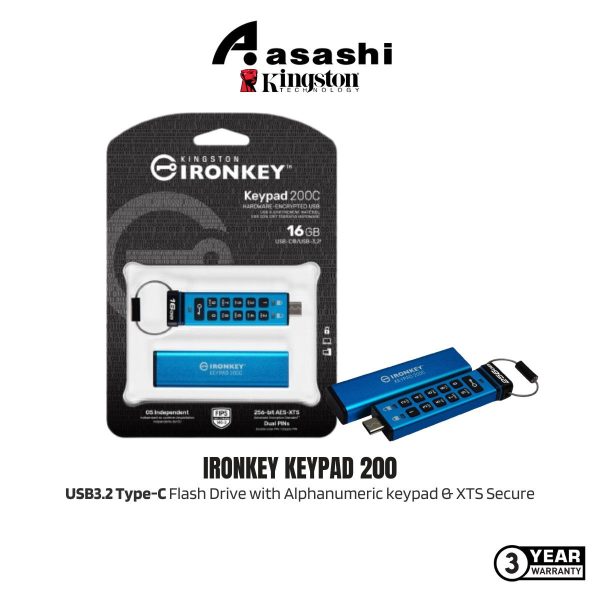 Kingston Ironkey Keypad 200 16GB / 32GB / 64GB / 128GB / 256GB / 512GB USB3.2 Type-C Flash Drive with Alphanumeric keypad & XTS Secure