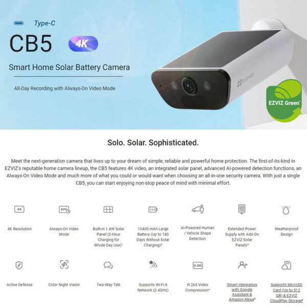EZVIZ CB5 4K 8MP Two Way Talk Built-in Solar Panel Battery Powered Color Night Vision Smart Home Solar Battery Camera