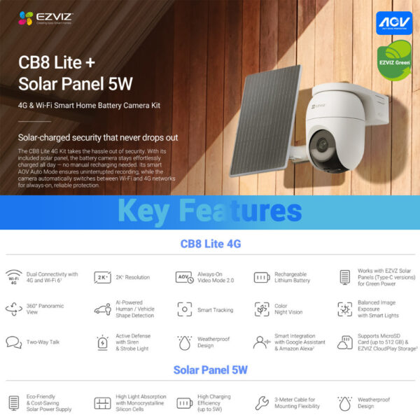 EZVIZ CB8 4G Lite Kit 4MP 2K+ Battery Powered Pan & Tilt Weatherproof WiFi Security CCTV Camera With Solar Panel
