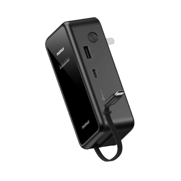 (3C Certified-QR) Momax 1-PAC⁺ 10000mAh 3 in 1 Hybrid GaN Battery Pack with Build-in retractable Cable - Black