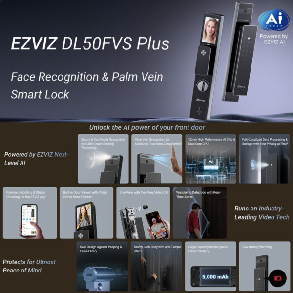 (INSTALLATION INCLUDED) EZVIZ DL50FVS PLUS Face Palm Vein Recognition Smart Lock Keyless Doorlock Dual-Lens 3D Door Lock