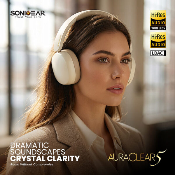 SonicGear Aura Clear 5 / Auraclear 5 LDAC Hi-Res Bluetooh Headphone | Bluetooth6.0 | ANC -38dB Noise Reduction | Type-C