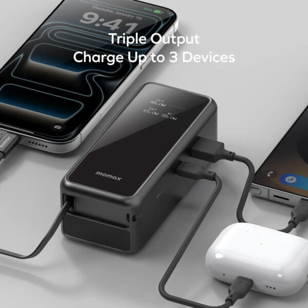 (3C Certified-QR) Momax 1-PAC⁺ 10000mAh 3 in 1 Hybrid GaN Battery Pack with Build-in retractable Cable - Black