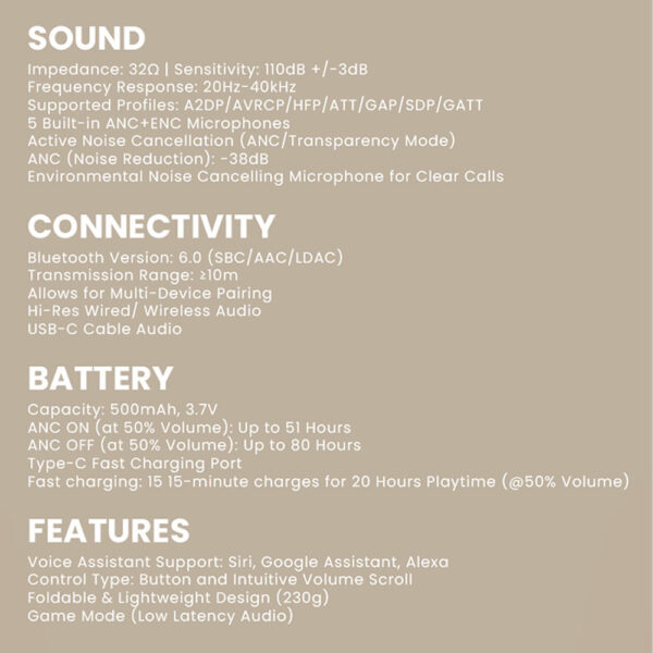 SonicGear Aura Clear 5 / Auraclear 5 LDAC Hi-Res Bluetooh Headphone | Bluetooth6.0 | ANC -38dB Noise Reduction | Type-C