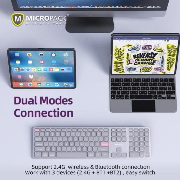 Micropack K310W 2.4G + Bluetooth Rechargeable Wireless Keyboard - Grey/Orange