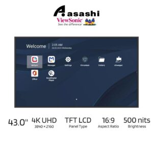62f0eea63bab8652e1c17642537faa53.jpeg ViewSonic CDE4314-2C 43” Commercial 4K Large Format Presentation Display (RS232 IR Pass-Thru, HDMI CEC Control, Embedded Media Player for Web Surfing, USB Multimedia Playback, Android Media Player), no OPS slot