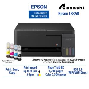 581642411ecce16aca4adb1cb90c2124.jpeg Epson EcoTank L3350 A4 Print Scan Copy, WiFi/WiFi Direct, Black/Color print speed 11/6 ipm, Borderless 4R photo, Scanner Optical Resolution 1200 x 2400dp Tank Printer