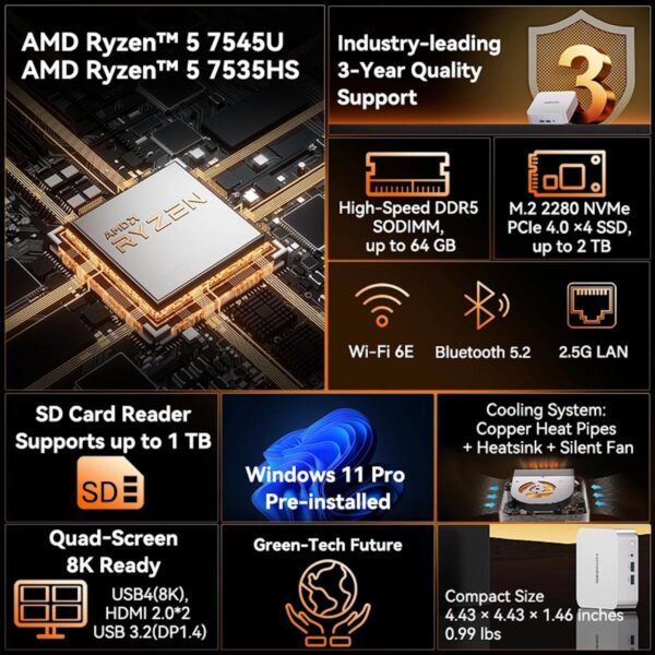 GEEKOM Mini A7 - AMD Ryzen 5 7535HS | 16GB DDR5 (Dual-Channel) | 500GB SSD | Wi-Fi 6E BT 5.4 | Windows11 PRO - 3Y